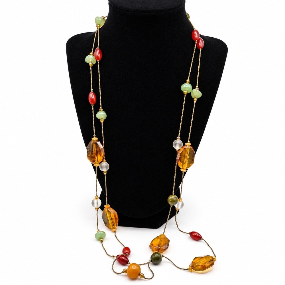 Long Beaded Station Necklace Amber Green Red Gold Tone Earthy Boho 44 Inch